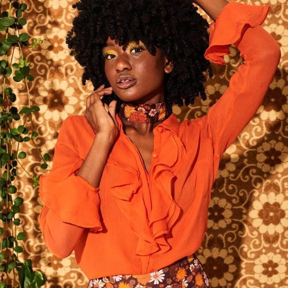 The Hippie Shake Heroes Let The Good Times Roll Orange Ruffle Blouse